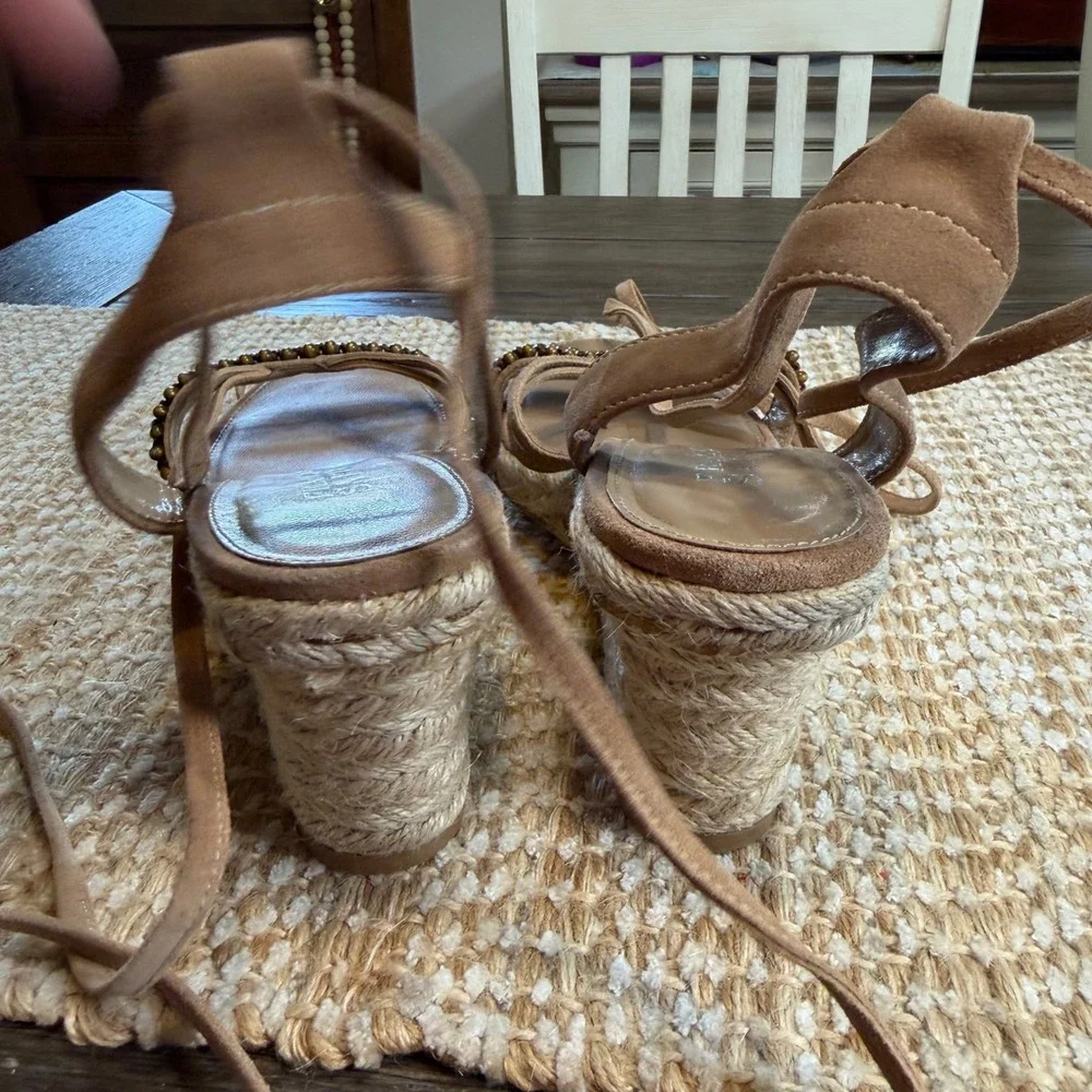 Franco Sarto Herbal Tan Leather Beaded Espadrille Wedge Sandals Womens 9M